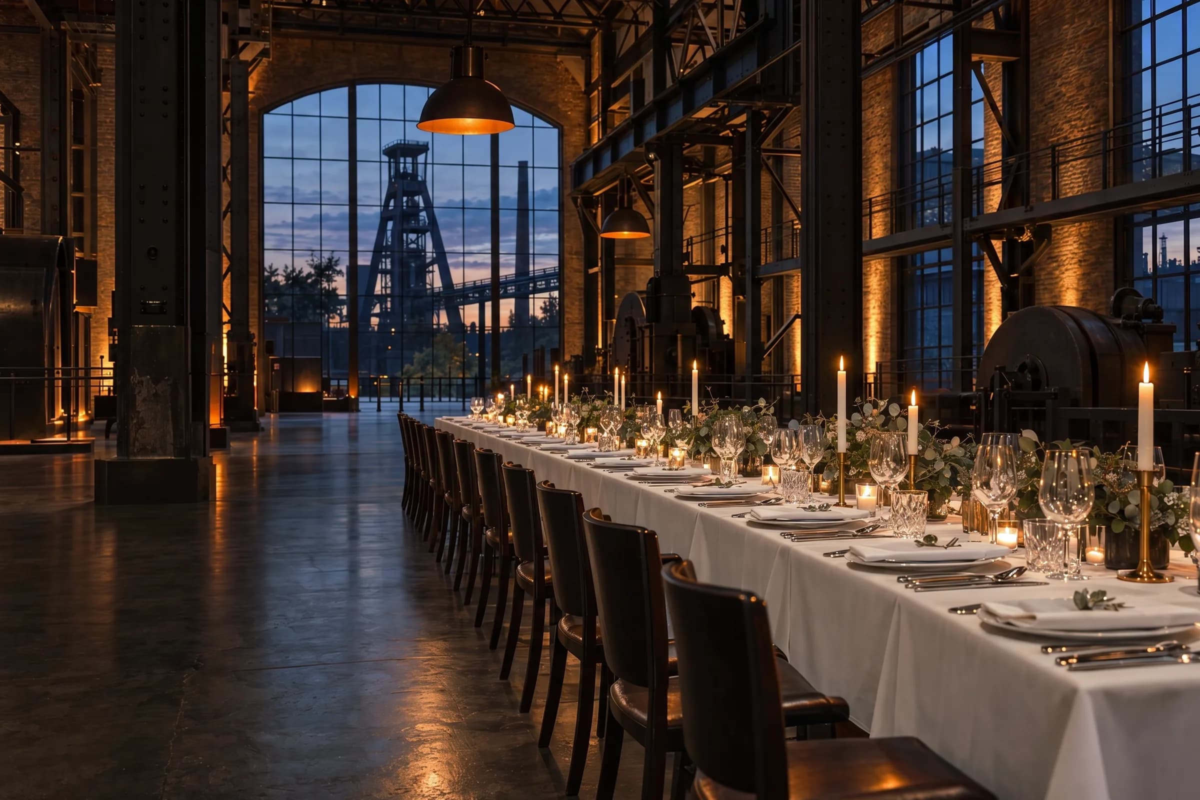 Festlich eingedeckte Tafel in einer historischen Industriehalle